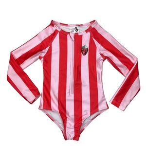 Cotton On Girls Sequin Strawberry Long Sleeve One Piece Pink Red Stripe Swimsuit